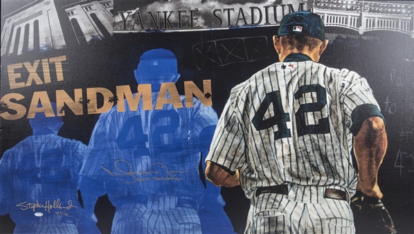 Mariano Rivera Signed & "Exit Sandman" Inscribed Stephen Holland Giclee On 42x24 Wood Canvas -LE MR 31/42 (Steiner)